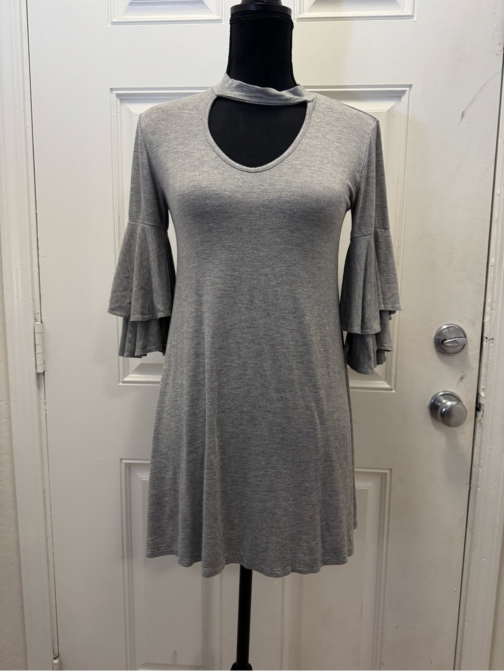 Rolla Coster Grey Choker Neck Midi Dress with Tiered Ruffle Sleeves 0432